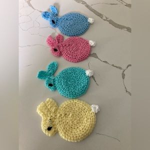 Homemade rabbit bunny Easter blue pink yellow turquoise crochet coaster set of 4